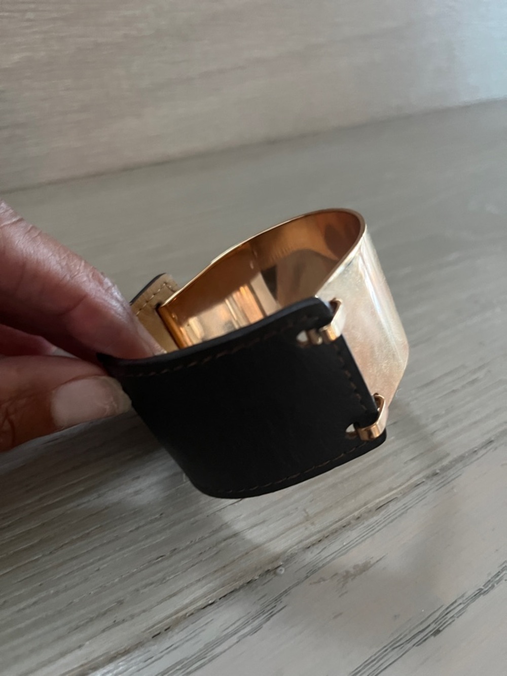 Leather and Rose Gold Wide Cuff Bracelet - Black